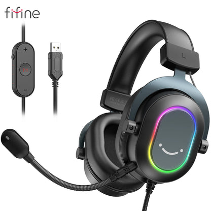 Fifine Dynamic RGB Gaming Headset with Mic Over-Ear Headphones 7.1 Surround Sound PC PS4 PS5 3 EQ Options Game Movie Music