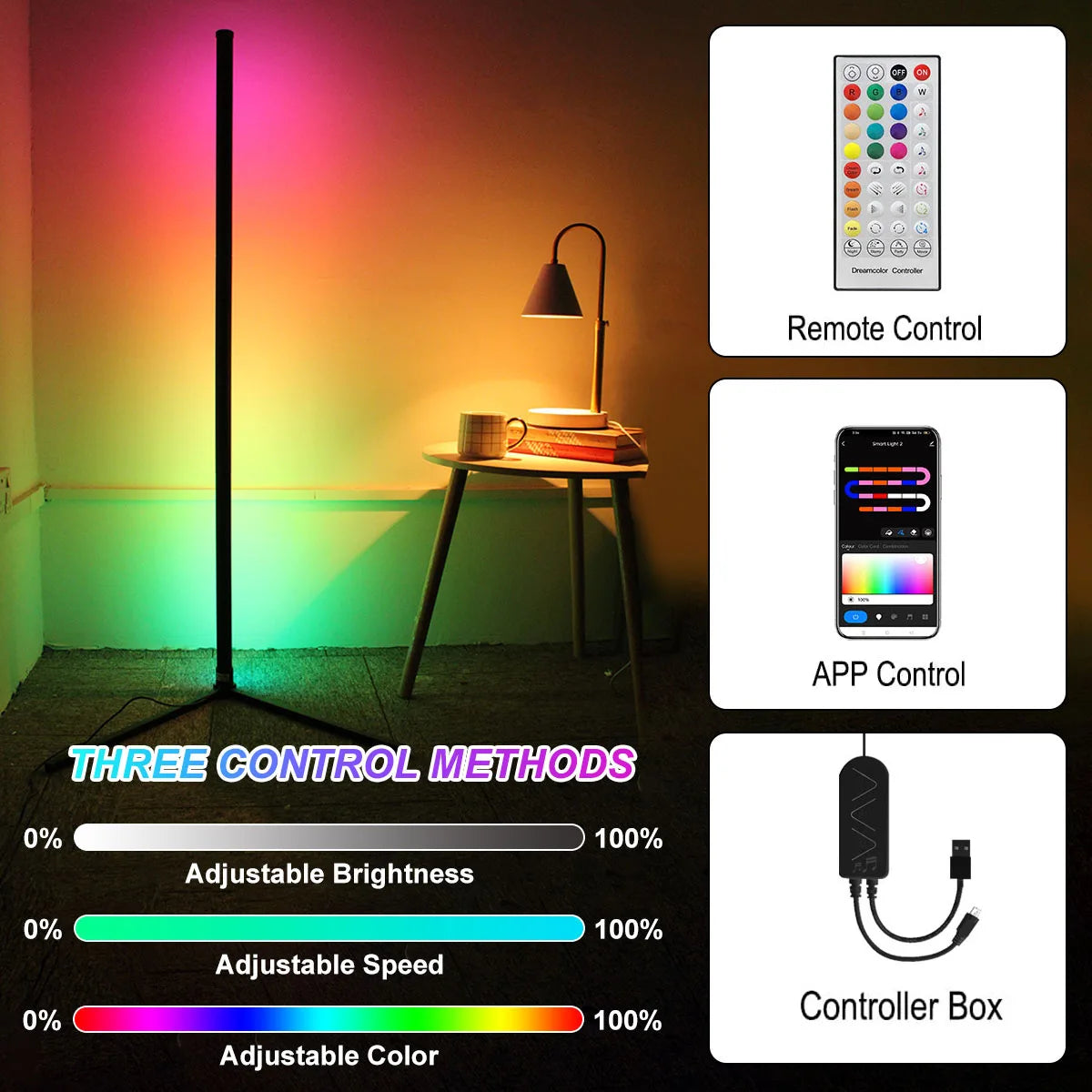 Lámpara de pie de esquina inteligente Tuya de 160 cm, iluminación LED RGB regulable